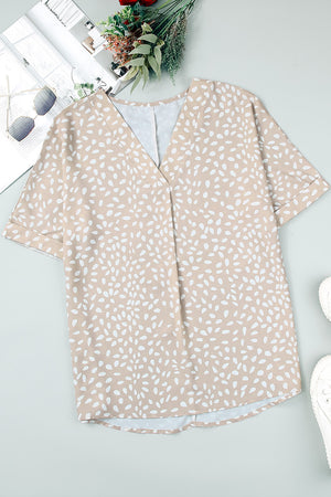 Apricot Animal Print V-neck Rolled Sleeve Tunic Top