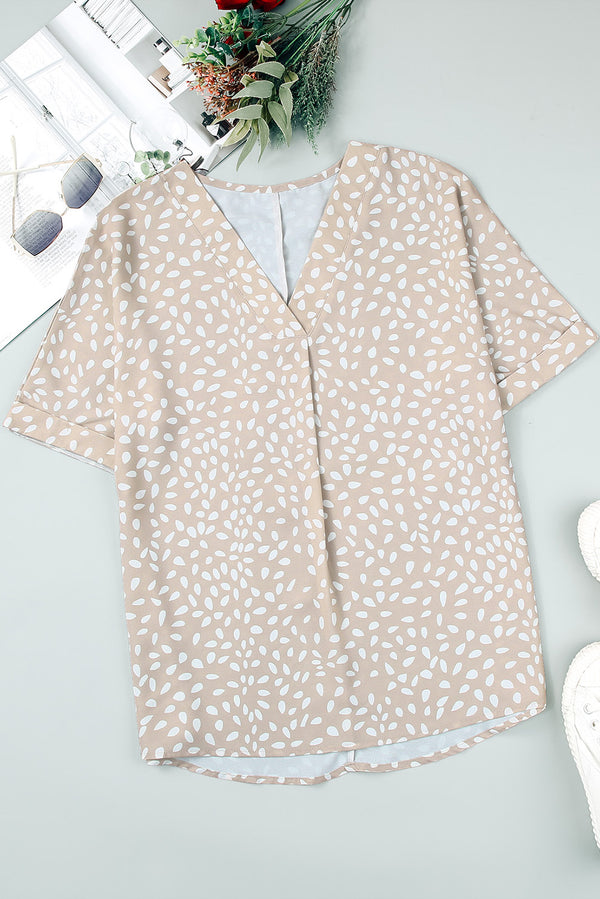 Apricot Animal Print V-neck Rolled Sleeve Tunic Top