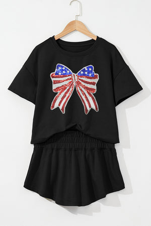 Black Sequined Flag Bow Pattern Short 2pcs Skort Set