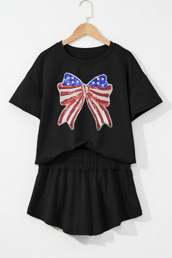 Black Sequined Flag Bow Pattern Short 2pcs Skort Set