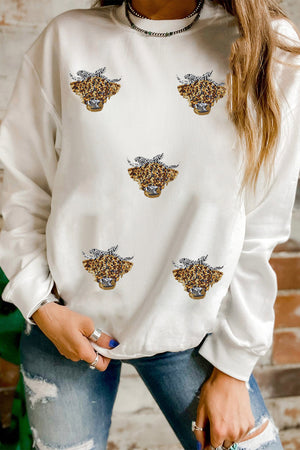 White Sequin Heifer Patched Drop Shoulder Sweatshirt
