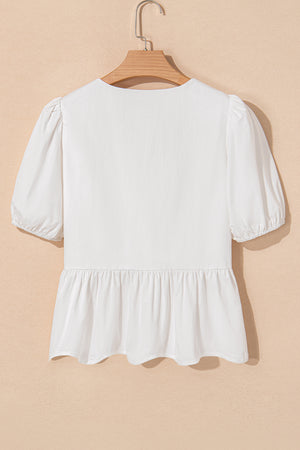 White Bow Knot Decor Square Neck Puff Sleeve Peplum Top