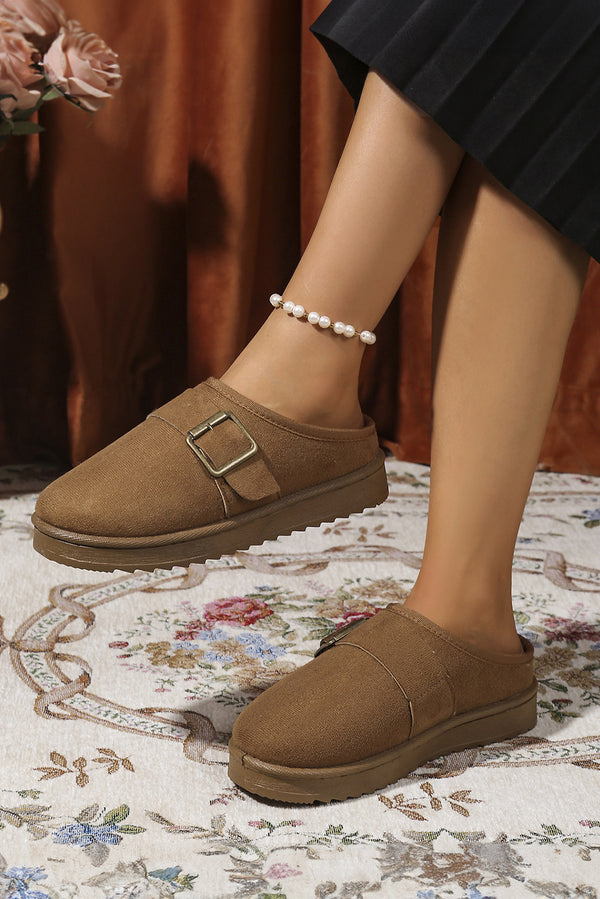 Camel Faux Suede Buckle Strap Detail Winter Clog Slippers