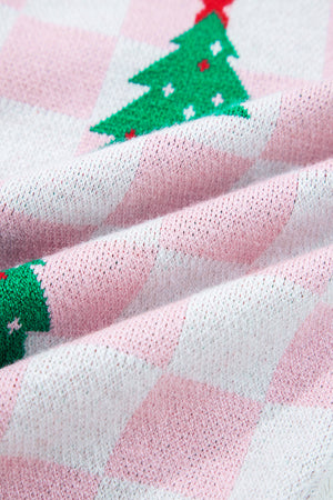 Pink Checkered Christmas Tree Pattern Button V Neck Cardigan Sweater