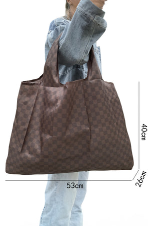 Coffee Trendy Checkered Pattern Large Portable Tote Bag