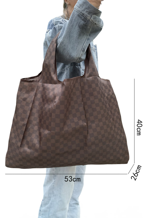 Coffee Trendy Checkered Pattern Large Portable Tote Bag