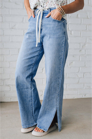 Myosotis Slit Leg High Rise Drawstring Casual Jeans