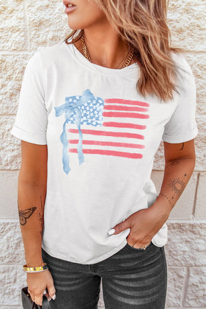 White American Flag Bow Knot Print Crew Neck T Shirt