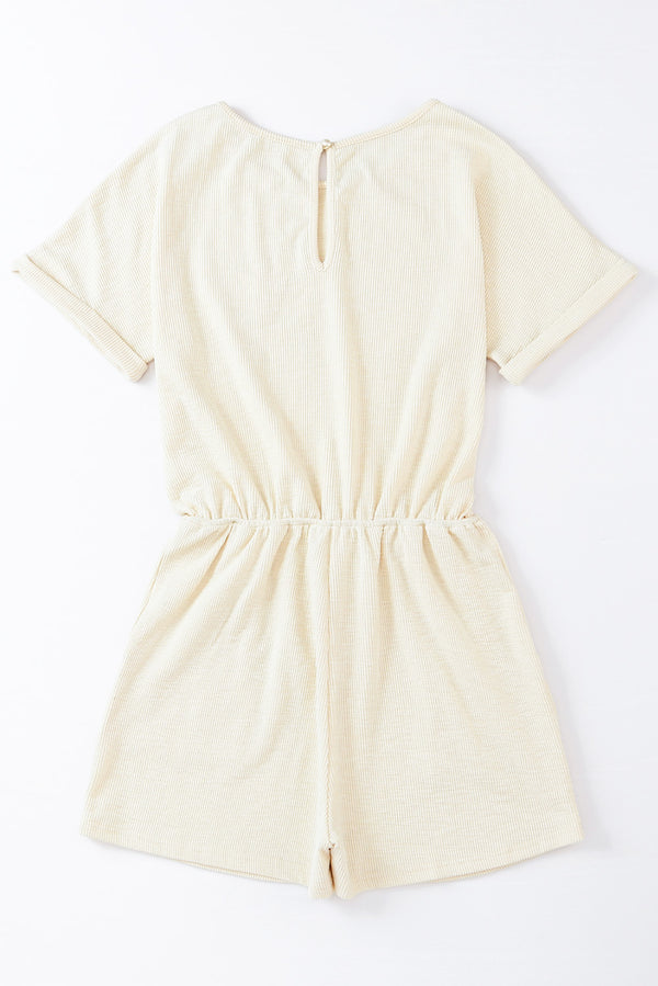 Beige Ribbed Elastic Waist Romper