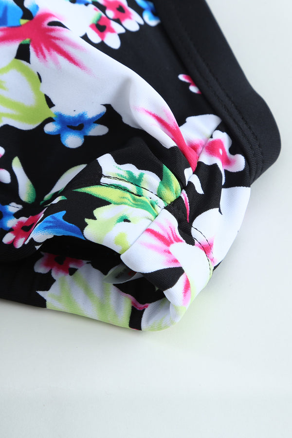 Black Layered-Style Floral Tankini with Triangular Briefs