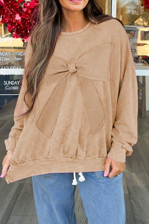 Light French Beige Mineral Wash Big Bow Patchwork Pullover Sweatshirt