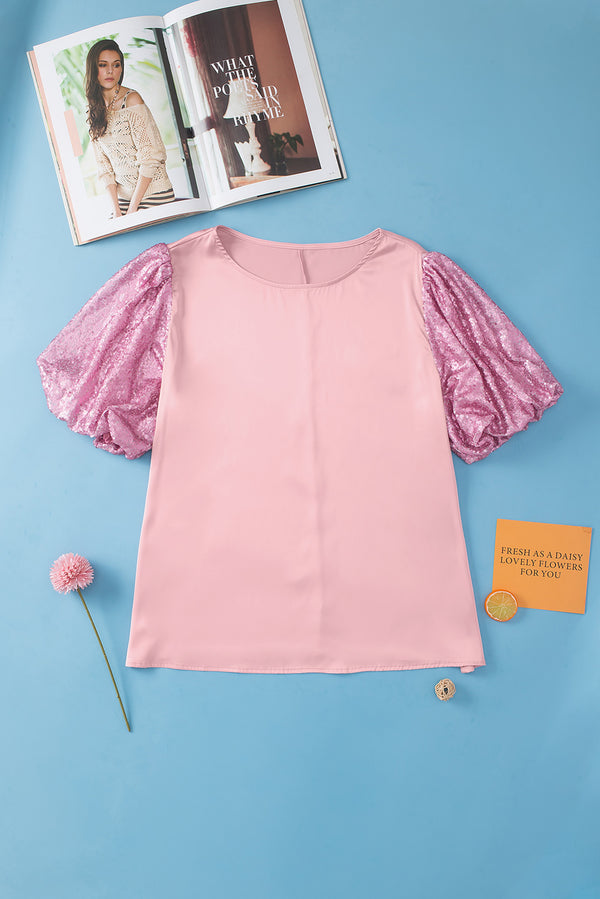 Pink Contrast Sequin Bubble Sleeve Plus Size T-shirt