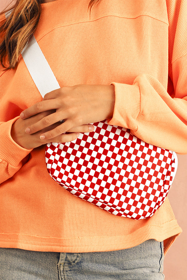 Fiery Red Checkered Print Zipped Buckle Strap Crossbody Bag
