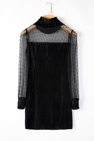 Black Dotted Mesh Striped Frilled Neck Bubble Sleeve Dress