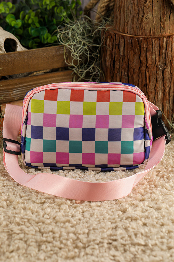 Pink Colorblock Checkered Printed Crossbody Bag