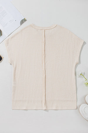 Pale Khaki Solid Color Textured Seamed Short Sleeve Top