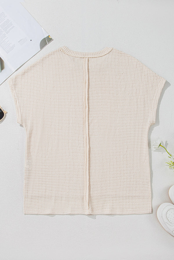 Pale Khaki Solid Color Textured Seamed Short Sleeve Top