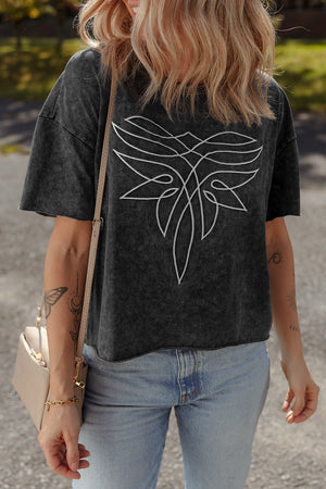 Black Floral Embroidered Mineral Wash Crew Neck T Shirt