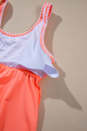 Fresh Salmon Contrast Trim Ruffled Peplum Top Tankini Swimsuit