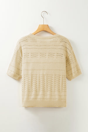 Beige Knitted Hollow out Short Sleeve Crop Sweater