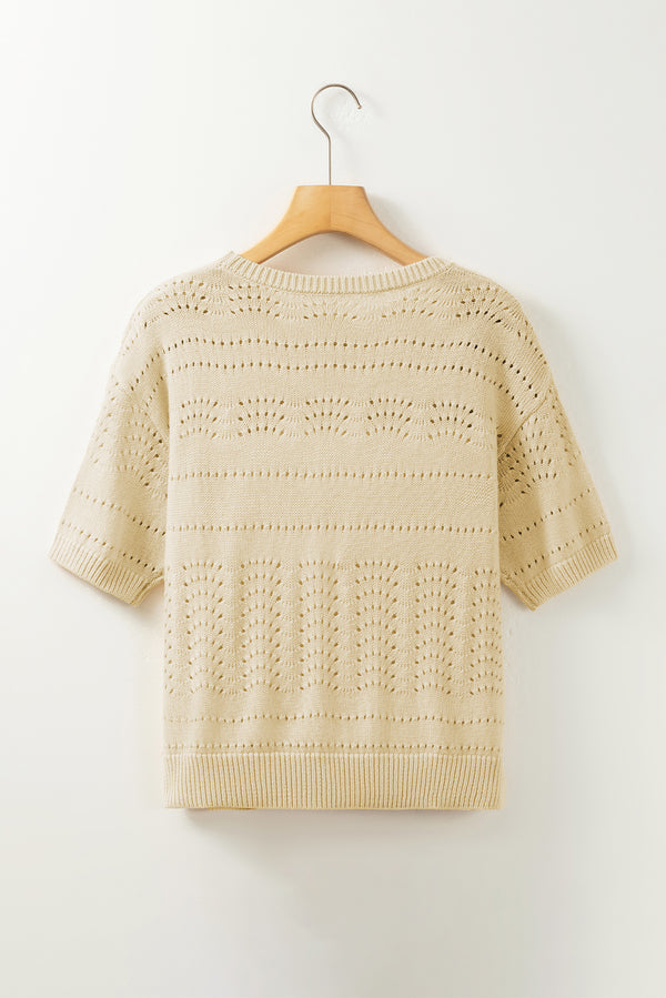 Beige Knitted Hollow out Short Sleeve Crop Sweater