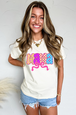 White MAMA Checkered Bow Knot Print Crewneck T Shirt