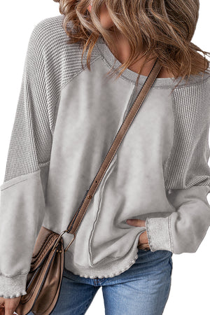 Light Grey Solid Waffle Knit Patchwork Raglan Sleeve Sweatshirt