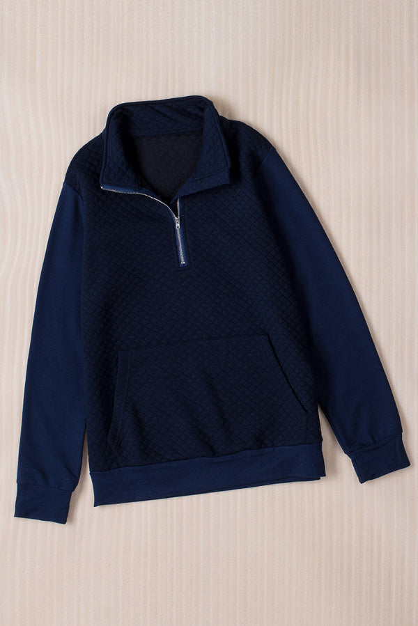 Navy Stand Neck Waffle Zip up Sweatshirt