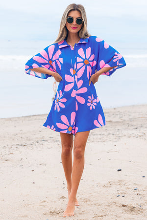 Blue Summer Flower Print Shirt Collar Button Front Loose Romper