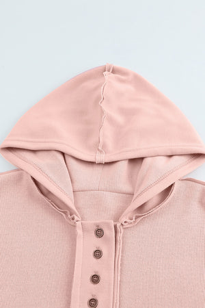 Pink Casual Button Solid Patchwork Trim Hoodie
