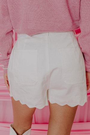 White Scalloped Hemline Acid Wash High Waist Denim Shorts