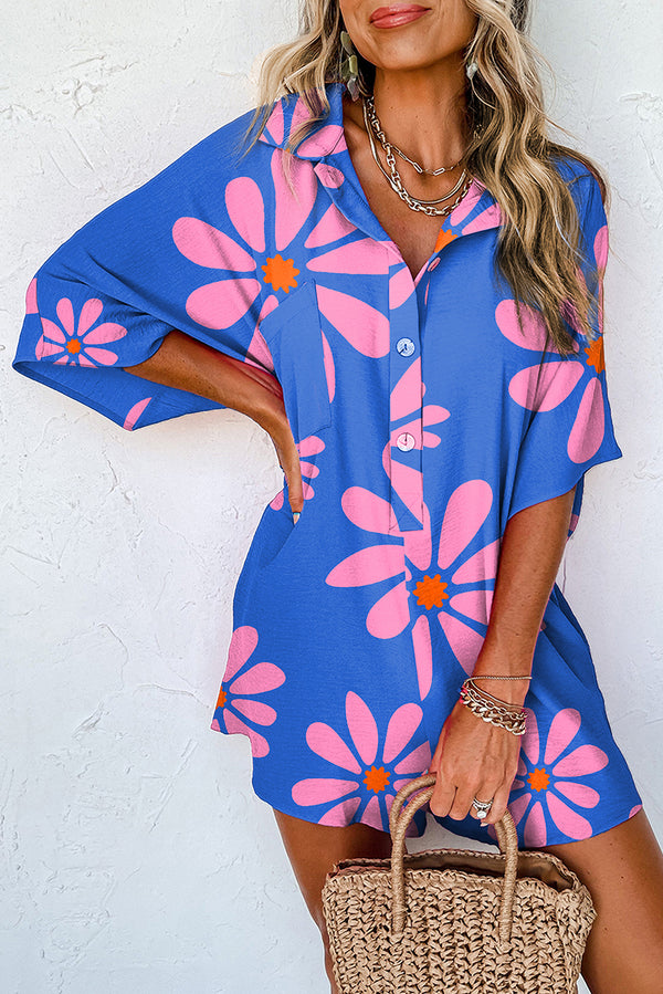 Blue Summer Flower Print Shirt Collar Button Front Loose Romper