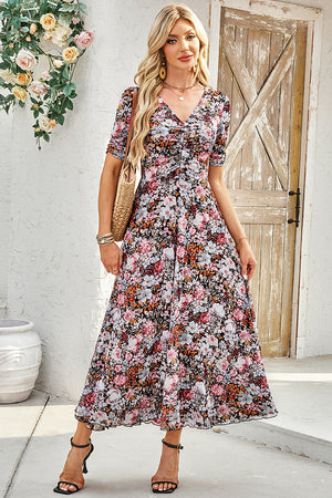 Brown Mesh Leopard Floral Reversible V Neck Short Sleeve Dress