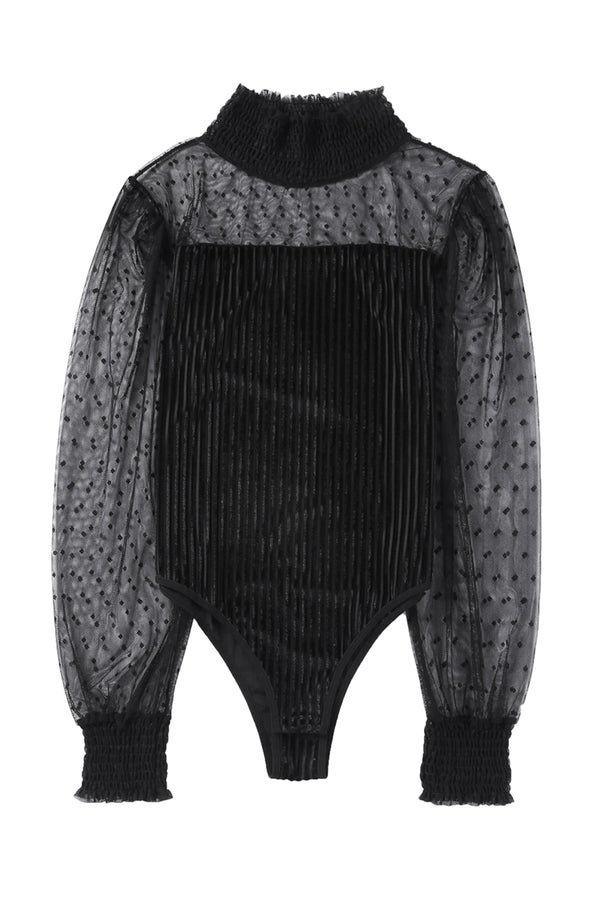 Black Sheer Dotty Long Sleeve Ribbed Velvet Bodysuit