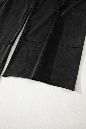 Black Mineral Wash Exposed Seam Drawstring Elastic Waistband Wide Leg Cargo Pants