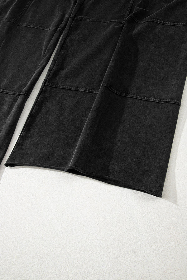 Black Mineral Wash Exposed Seam Drawstring Elastic Waistband Wide Leg Cargo Pants