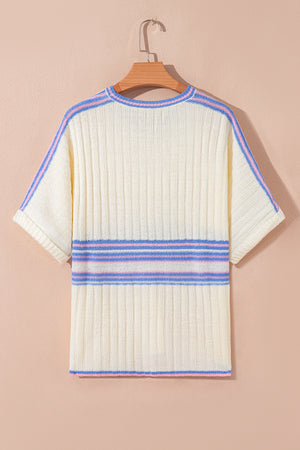 White Striped V Neck Dolman Sleeve Rib Knit Oversized Sweater with Slits