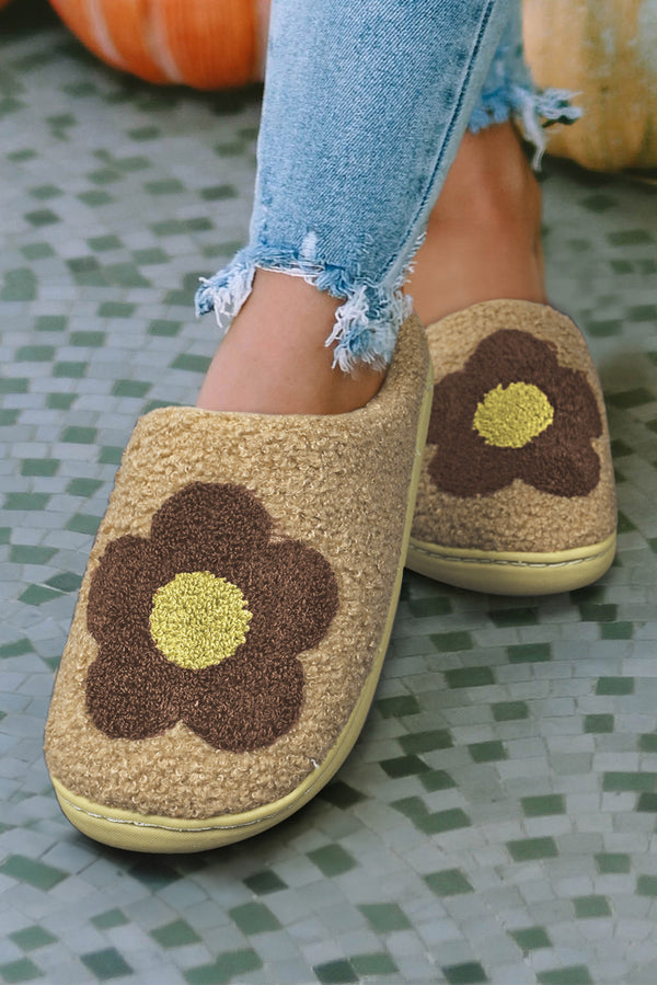 Camel Fuzzy Flower Pattern Homewear Slippers