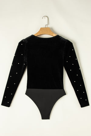 Black Velvet Beaded Long Sleeve V Neck Bodysuit