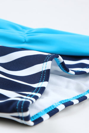 Striped Blue Padded Gather Push-up Bikini Set