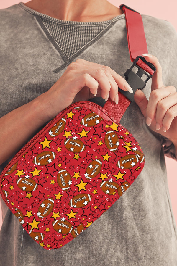 Fiery Red Rugby Football Star Printed Buckle Strap Crossbody Bag