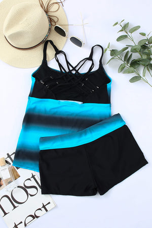 Bluish Strappy Hollow-out Back Tankini