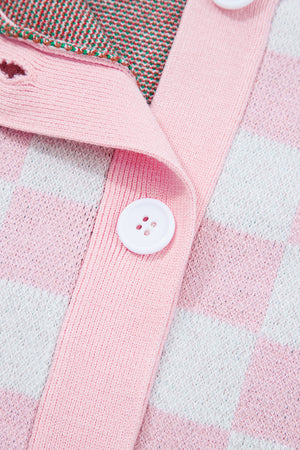 Pink Checkered Christmas Tree Pattern Button V Neck Cardigan Sweater