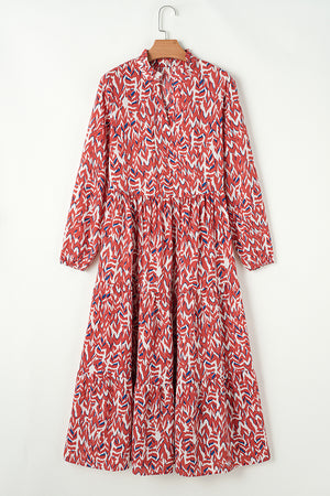 Orange Abstract Print V Neck Pleated High Waist Midi Dress