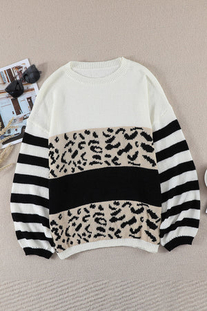 Slouchy Drop-shoulder Leopard Striped Colorblock Sweater
