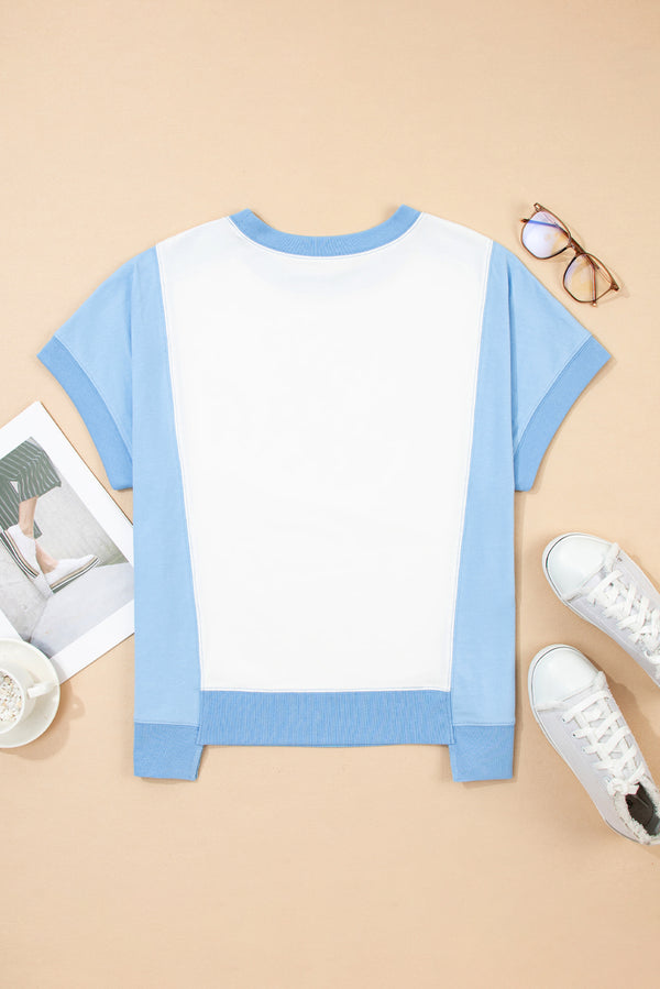 Sky Blue Color Block Exposed Seam Crew Neck T Shirt