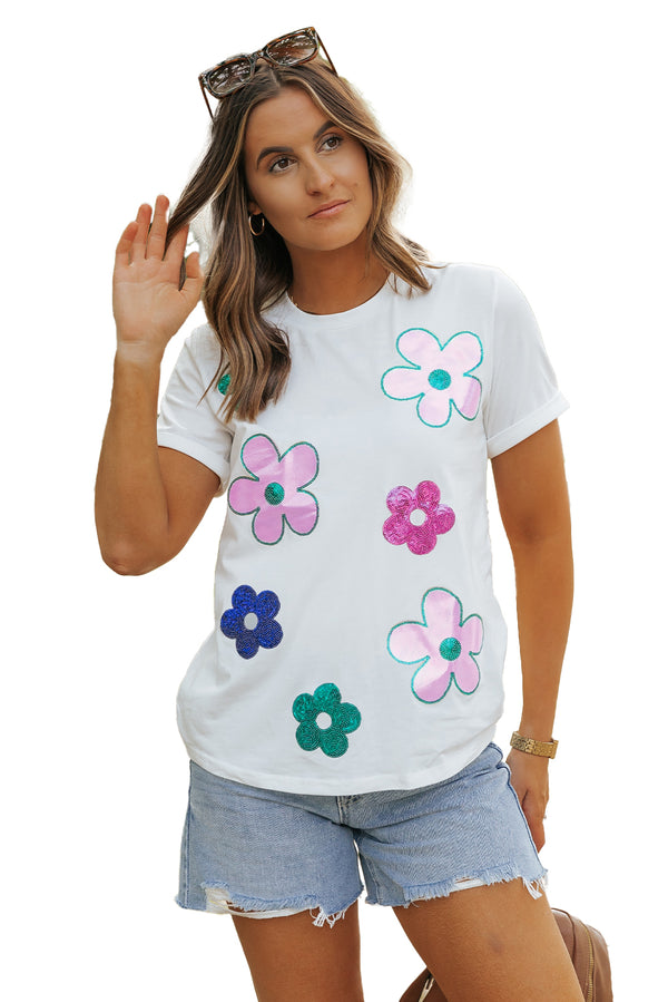 White Sequined Flower Pattern Round Neck T Shirt