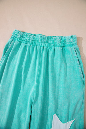 Mint Green Acid Wash Star Patched Rolled Trim Pants Set