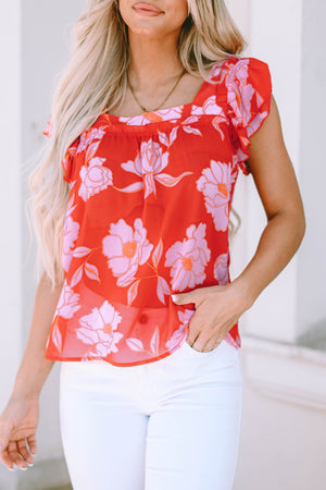 Fiery Red Floral Square Neck Ruffle Sleeve Blouse