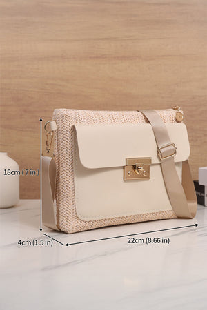 Beige Leather Pocket Patchwork Straw Woven Shoulder Bag
